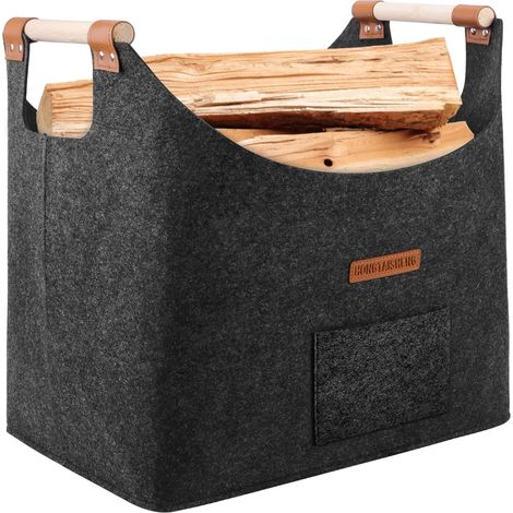 Panier à bûches XL Feutre très épais et poignée renforcée Panier à bûches pliable Sac en feutre comme panier à provisions, journal ou bois de chauffage (gris foncé)
