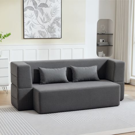 2-Sitzer-Schlafsofa aus Schaumstoff, Schlafcouch mit breiten Armlehnen, 2 Kissen, 360 kg Belastbarkeit, Grau