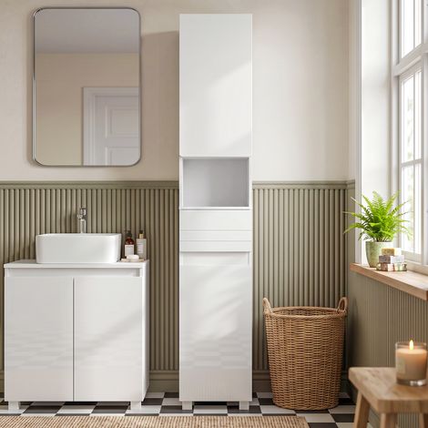 Meuble de Salle de Bain, 2 Portes, Tiroir, Niche Ouverte, Étagères Réglables, pour Salon, Chambre, 30x30x170cm, Blanc (1/5)