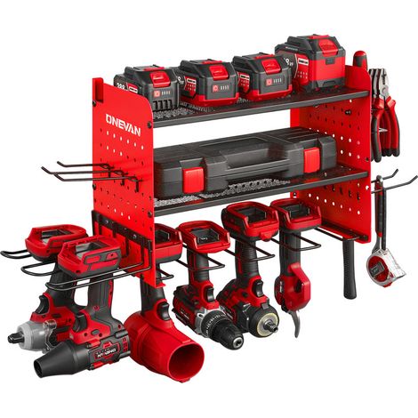 ONEVAN Organizer da parete per utensili elettrici, a 3 ripiani, con pannello forato e 6 supporti per trapani, per garage e officina (1/5)