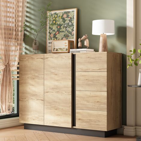 Buffet 120x35,5x90,5 cm en panneaux de bois naturel et noir, avec rangement pour salon FloraGrace (1/5)