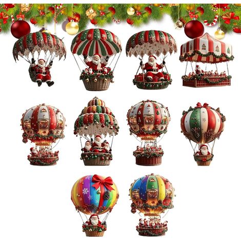Lot de 10 décorations de Noël plates en acrylique (2D) – Motif Père Noël en montgolfière – Pour fenêtre, chambre, salon, mur (1/5)