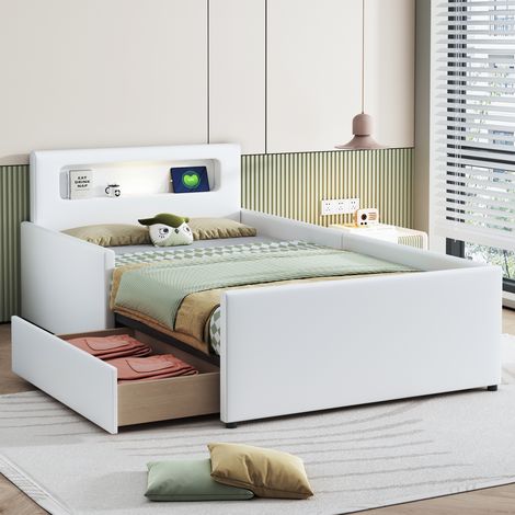Lit enfant rembourré 90 x 200 cm, avec LED et USB, avec tiroir de rangement, avec protection antichute, lit simple, lit garçon et fille, PU, blanc (livraison locale, garantie 2 ans)
