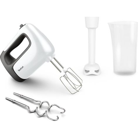 Batteur à main 500 W Bouton coulissant à 5 vitesses Turbo Accessoires inclus : 2 fouets, 2 crochets pétrisseurs, presse-purée/verre doseur Blanc/noir (1/5)