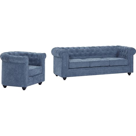 Divano 3 posti e poltrona in tessuto blu CHESTERFIELD