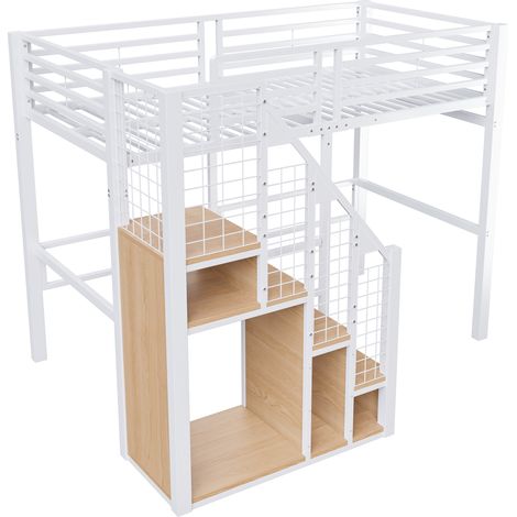 Lit mezzanine avec échelle de sécurité 90200,lit de camp avec cadre en fer et espace de rangement,lit pour enfants,lit simple,blanc