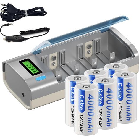 Batterie Rechargeable avec Chargeur de Batterie Universel, 6 pièces 4000mAh, Piles Rechargeables avec Chargeur de Batterie LCD pour Batteries AA/AAA/C/D NI-MH (Charger+6C/LR14) (1/5)