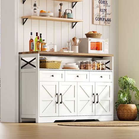 Buffet 140 cm, enfilade avec 3 tiroirs, meuble avec étagères, convient pour cuisine, salon, couloir, style campagnard - Blanc (1/5)