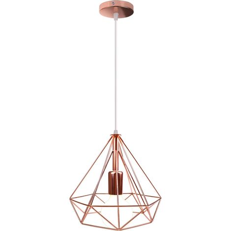 Suspension Luminaire Rétro - 1 Pièce - Métal Fer Forgé - Design Cage Diamant - Salon Cuisine Chambre - Or Rose 25cm (1/5)