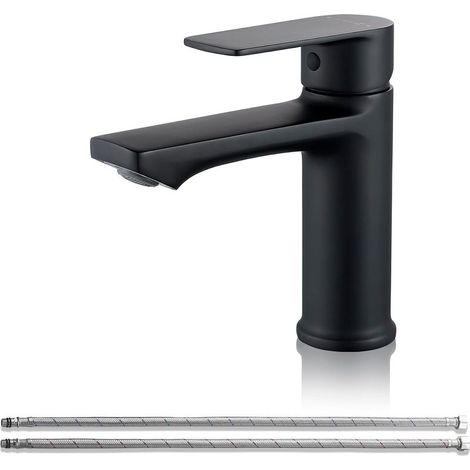 Mitigeur Lavabo Salle de Bain,Robinet Monocommande Noir 96mm Installation monotrou G3/8 facile avec flexibles.Parfait pour WC d'invités & salle de bain,anti-fuite,antirouille. (1/5)