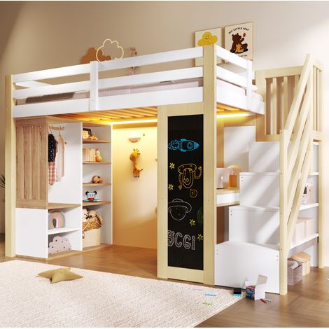 Letto rialzato 90x200 cm con scrivania, ripiani, scala contenitore, armadio, lavagna e LED, bianco e naturale, materasso non incluso (1/5)