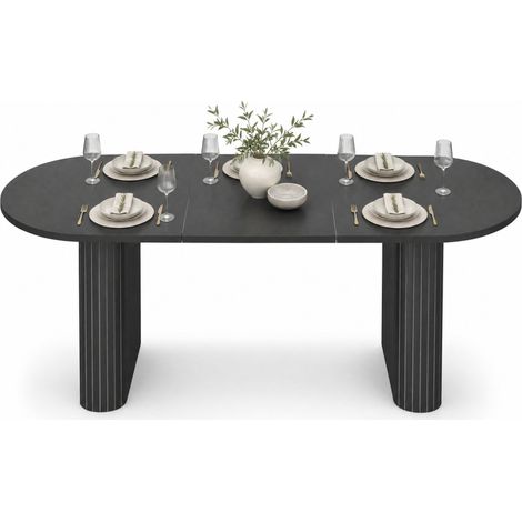 CHICFURN Table à manger extensible ovale noire 120 à 160 cm en MDF et métal, table de repas design avec pieds texturés, bords arrondis, pour salle à manger (1/5)