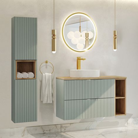 Conjunto mueble lavabo individual 100cm 2 cajones 2 compartimientos y columna Jade Verde y Madera (1/4)