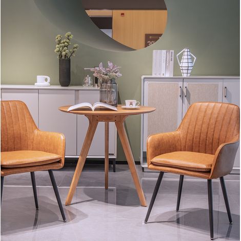 Silla de comedor de cuero marrón con reposabrazos, patas metálicas doradas, set de 1,42.16×42.93×85.09cm (1/5)