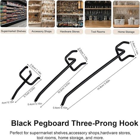 Crochet Panneau Perforé, Noir Crochets Muraux Perforés 5cm/10cm/15cm, Accessoires pour Panneaux Perforés Entraxe 25 mm (1/4)