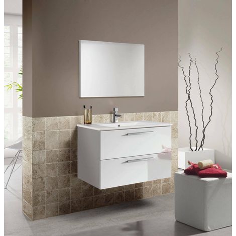 Meuble sous-vasque Inglewood, Meuble de salle de bain suspendu, Armoire avec 2 tiroirs et miroir, 80x45h57 cm, Blanc brillant (1/5)