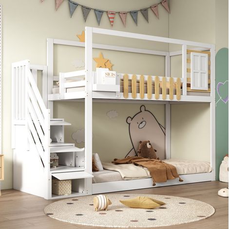 letto a castello 90x200 con scala vani finestra bianco HAVRYA (1/5)