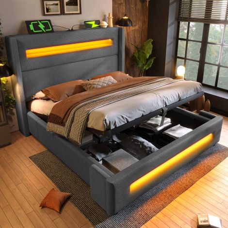 Cama con canapé 160x200 cm, cama doble para adultos, suave con almacenaje, iluminación LED y toma USB, tela de lino, gris, sin colchón (1/5)