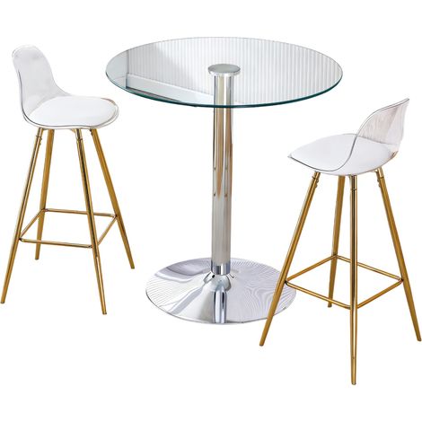 Ensemble table de bar ronde en verre 89 cm avec 2 tabourets transparents, piètement métal argenté, style moderne et gain de place – CHICFURN (1/5)
