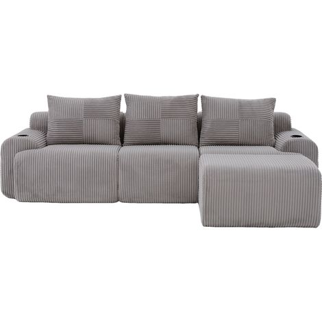 CHICFURN sofá modular 3 plazas 268x174x80 cm tela acanalada gris claro con pufs y almacenaje (1/5)