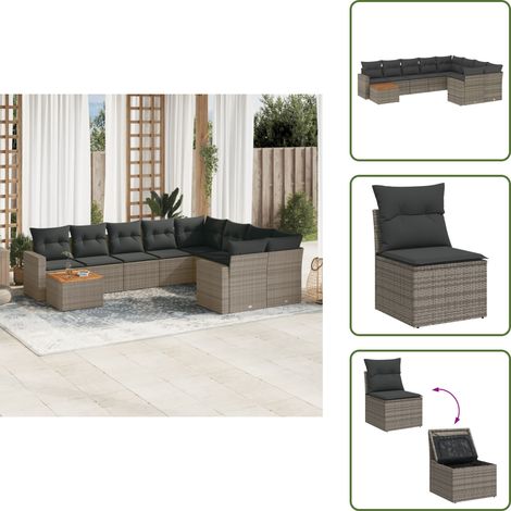 10-tlg. Garten-Sofagarnitur mit Kissen Grau Poly Rattan - Gartenmöbel - Outdoor Möbel - Rattan Gartenset - Lounge Set - Esstisch (1/5)