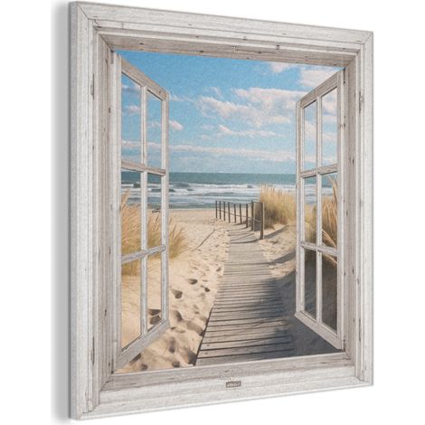 CUADRO ACÚSTICO Ventana - Mar - Costa - Naturaleza - vista - Playa - Mar de Wadden Cuadros Decoracion Salon Modernos 90x90 (1/5)