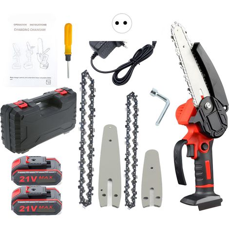Tronçonneuse électrique sans fil 21V (10-24cm) - Scie à chaîne portable avec batterie et 2 chaînes - Sécurité à verrouillage - Pour élagage et coupe de bois - Conforme CE 100-240V (rouge) (1/5)