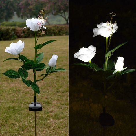 2pcs Solar Lights Outdoor Garden, Garden Lights Solar Powered Waterproof with 3 Rose Flower White (1/5)
