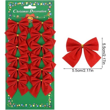 Lot de 12 nœuds de Noël rouges - 6 x 5,6 cm - Tissu - Décoration de sapin de Noël - Accessoire décoratif (1/5)
