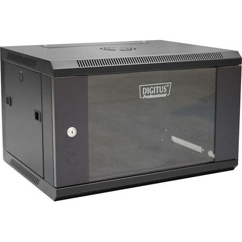 Wall-mounted network cabinet 19" 6U rack 600x450, door pane, black, unspoiled, folded, 60kg