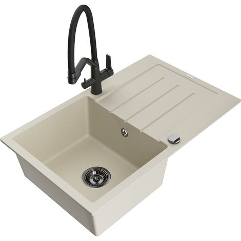 Mexen Bruno 1 Becken-Granitspüle mit Abtropffläche und Mischbatterie Duo, Beige - 6513-69-671701-70-