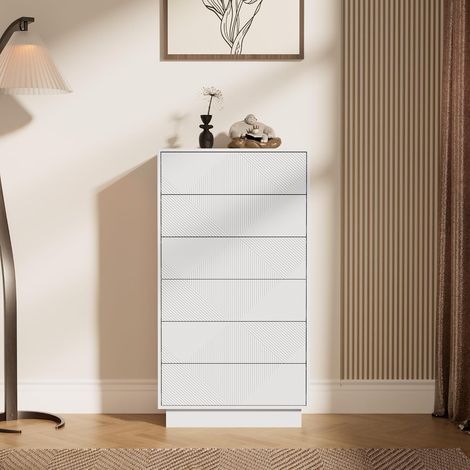 UEV Commode à 6 Tiroirs, Surface Motif Spécial Gravure avec Une Touche Soyeuse, Grand Espace Rangement, Tiroir à Ouverture par Poussée, pour Salon, Chambre, 60 x 33,5 x 111 cm, Blanc