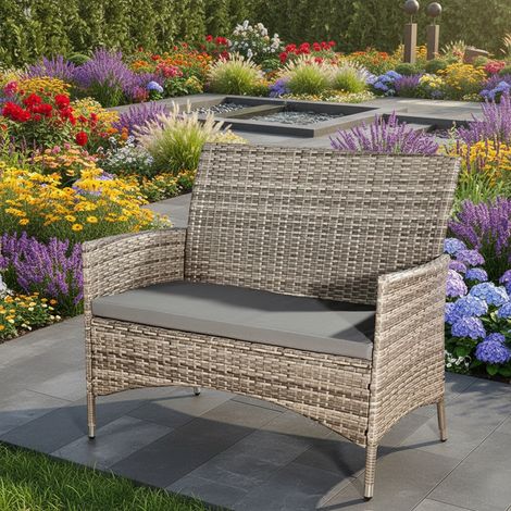 Melko panca da giardino con cuscino sedile grigio polyrattan panca sedile grigio parco panca rattan panca 