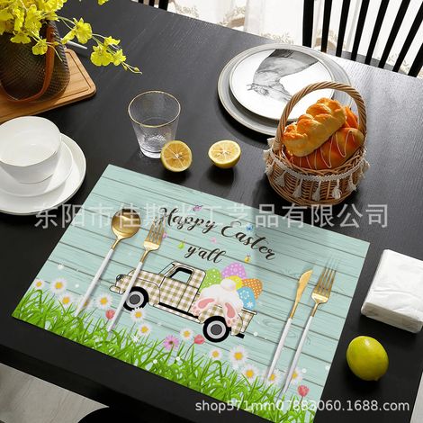 Easter Placemat, Leather, Non-slip, Heat-insulating, Waterproof, Suitable for Home Use, Hotels, and Western Styles - Light Green - Small Flowers and Cars - 3045cm