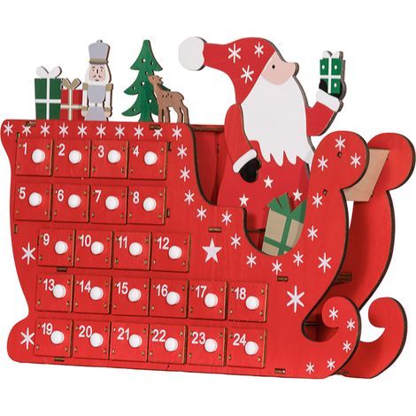 Autre décoration pour Noël Calendrier de l'Avent à remplir en bois, décoration de Noël avec 24 tiroirs, Père Noël et traîneau, 22,5x8x36cm, rouge (1/5)