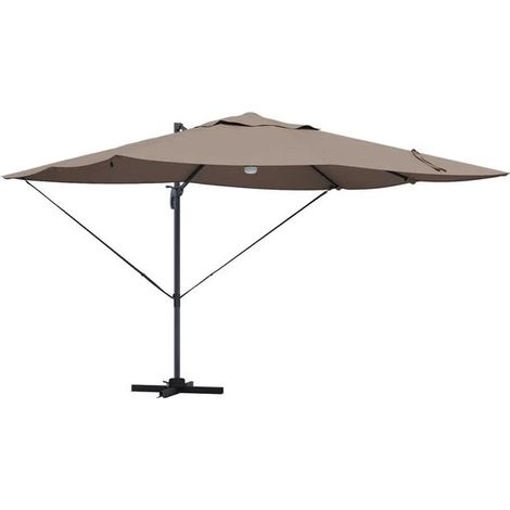 Parasol gris-brun, dimensions : 351 x 250 x 253 cm, matériau : polyester et aluminium. (1/4)