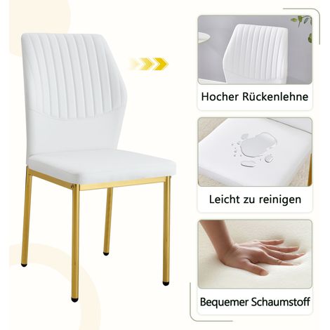 Lot de 4 chaises à manger luxe léger. Dossier PU blanc à relief vertical,pieds métal doré,élégant pour salon et salle à manger. (1/5)