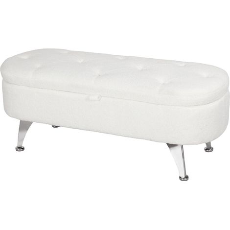Sitzbank mit Stauraum, Polsterbank mit Deckel, Bettbank mit Teddysamtoptik, für Flur Schlafzimmer Wohnzimmer, Metallrahmen 114 x 47 x 46,5 cm Weiß