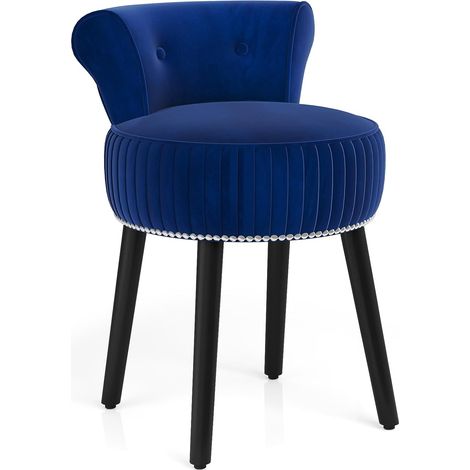 COSTWAY Chaise de Coiffeuse en Velours, Tabouret Coiffeuse avec Dossier, Pieds en Bois dHévéa, Patins Réglables, Tabouret de Maquillage, Dossier Bas Capitonné, pour Chambre Salon, 48x46x66 cm (Bleu) (1/5)