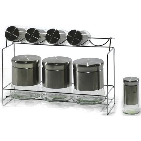 Set 8 barattoli porta sale zucchero caffè contenitori spezie con stand acciaio salvaspazio in cucina eleganti e moderni (1/4)