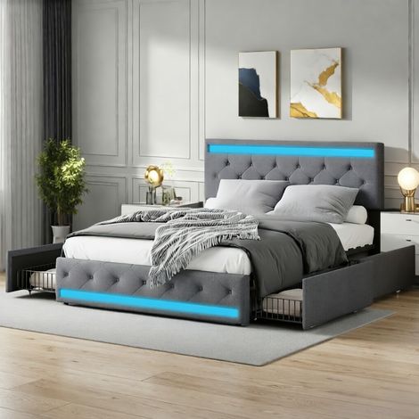 Lit coffre 140 x 200 avec 4 tiroirs–Lit double 140 x 200–Lit adulte–Tête de lit capitonnée–LED et chargement USB–Sommier à lattes–Lin–Gris foncé