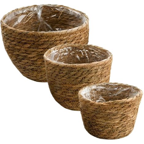 Caches Pot Plante en Osier, 3 Taille Panier à Plantes, Pots de Fleurs Jardin Décoratif en Jonc de mer Seagrass avec Insert en Film, Panier de Rangement pour l'intérieur et l'extérieur, 15cm+17cm+20cm (1/5)
