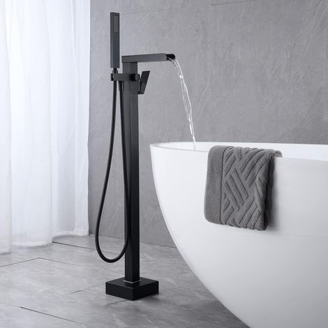 Andyou – Badarmatur in Hochglanzschwarz – Freistehende Bodenarmatur mit Wasserfall-Handbrause – Einfache Montage – Robustes Massivmessing (1/5)