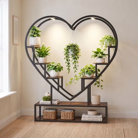 Soporte para plantas de interior de 138 cm, estantería para plantas con diseño de corazón y luz de crecimiento para salón, madera multinivel con almacenamiento, nogal (1/5)
