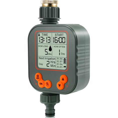 Programmateur Arrosage Automatique Manuel. Retard de Pluie Minuterie d'arrosage. 8 programmes Grand Écran LCD. Verrouillage Enfant. IPX5 Imperméable pour Balcon Jardin Parterre Ferme Extérieur (1/5)