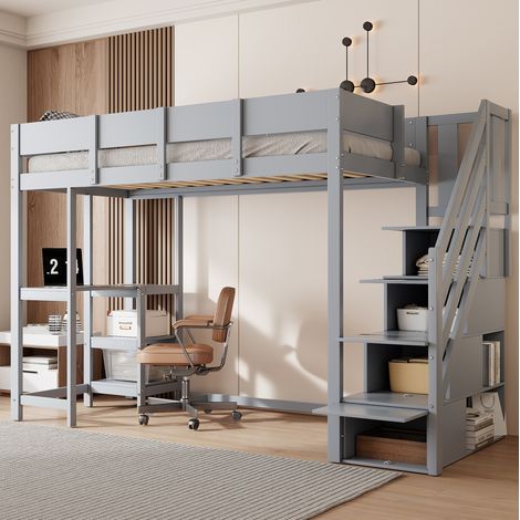 Letto rialzato bambini 90x200 cm con ripiano, rete a doghe e scala portaoggetti, in legno, senza materasso, grigio (1/5)
