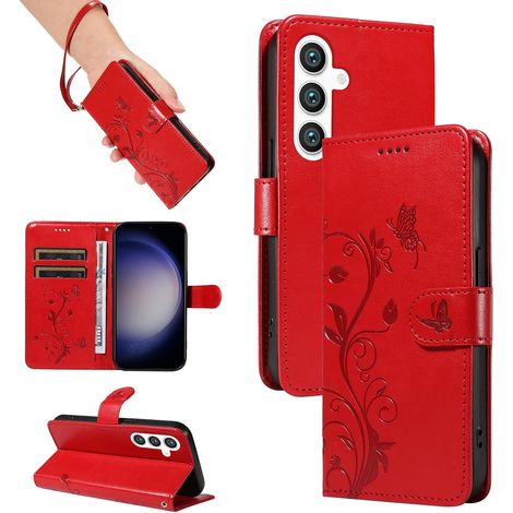 Coque pour Samsung Galaxy S24, Housse Etui Portefeuille Cuir PU Multifonction, Magnétique Étui de Protection Compatible avec Galaxy S24, Rouge (1/5)