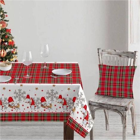 Digital bedruckte Weihnachtstischdecke mit Schottenmuster, Weihnachtsmann und Rentier, 6 Gedecke – (1/2)