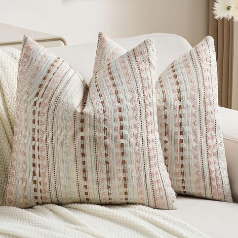 Housse Coussin 60x60 - Lot de 2, en Chenille Douce, Housse de Coussin à Rayures Décoratives Style Champêtre, Adaptée Aux Canapés de Salon et de Chambre, Rose Bleu (1/5)
