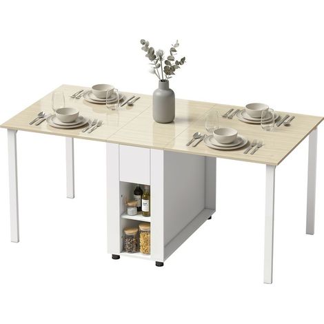 Table pliante pour 6 personnes, table à manger extensible de 168 cm avec 2 tiroirs et 4 compartiments de rangement (1/5)